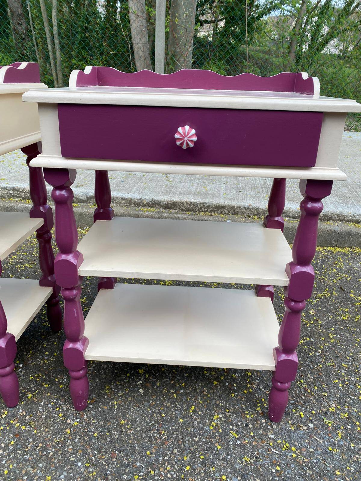 2 vintage bedside tables painted in white and purple with a drawer.