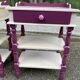 2 vintage bedside tables painted in white and purple with a drawer.
