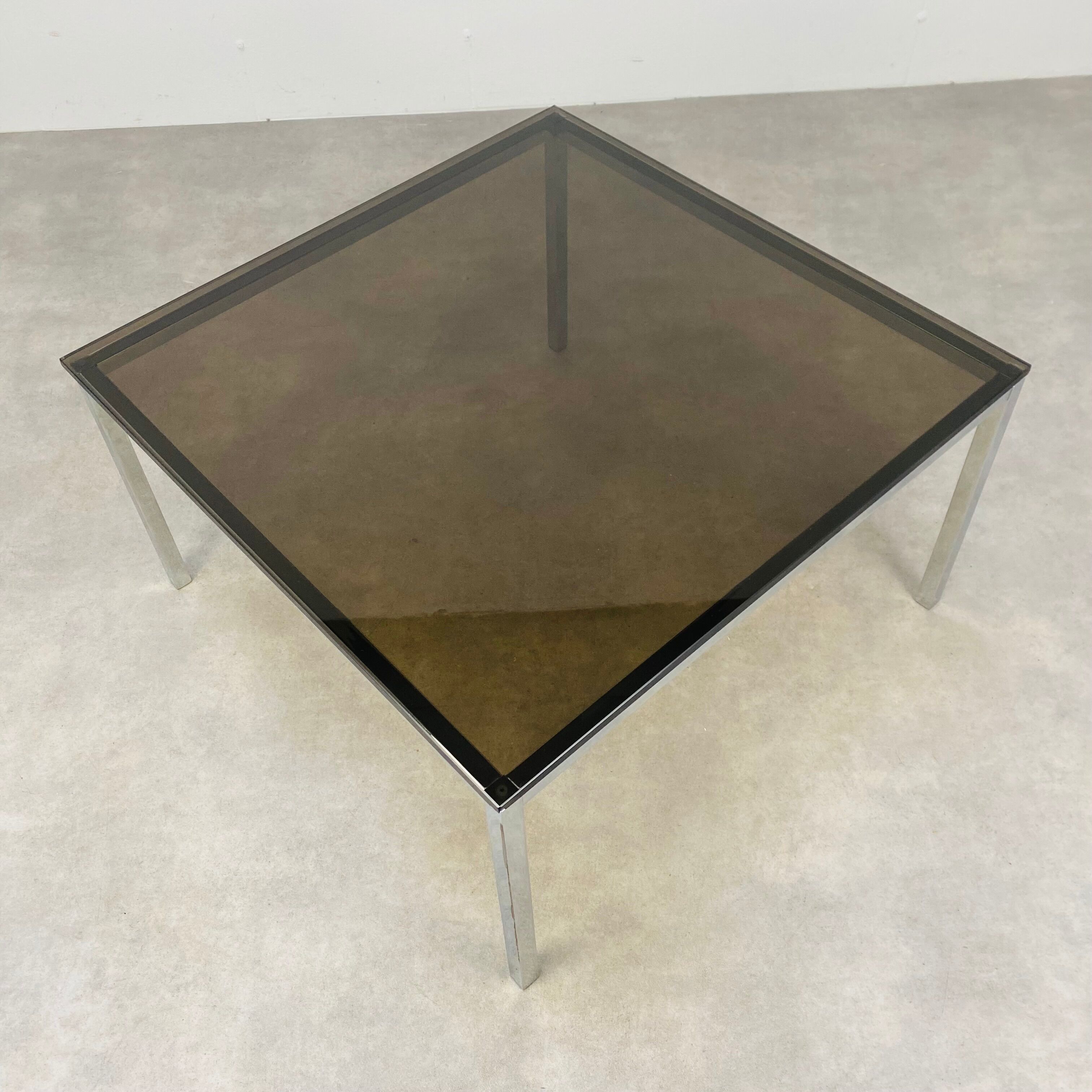 Square coffee table chrome and smoked glass 70s