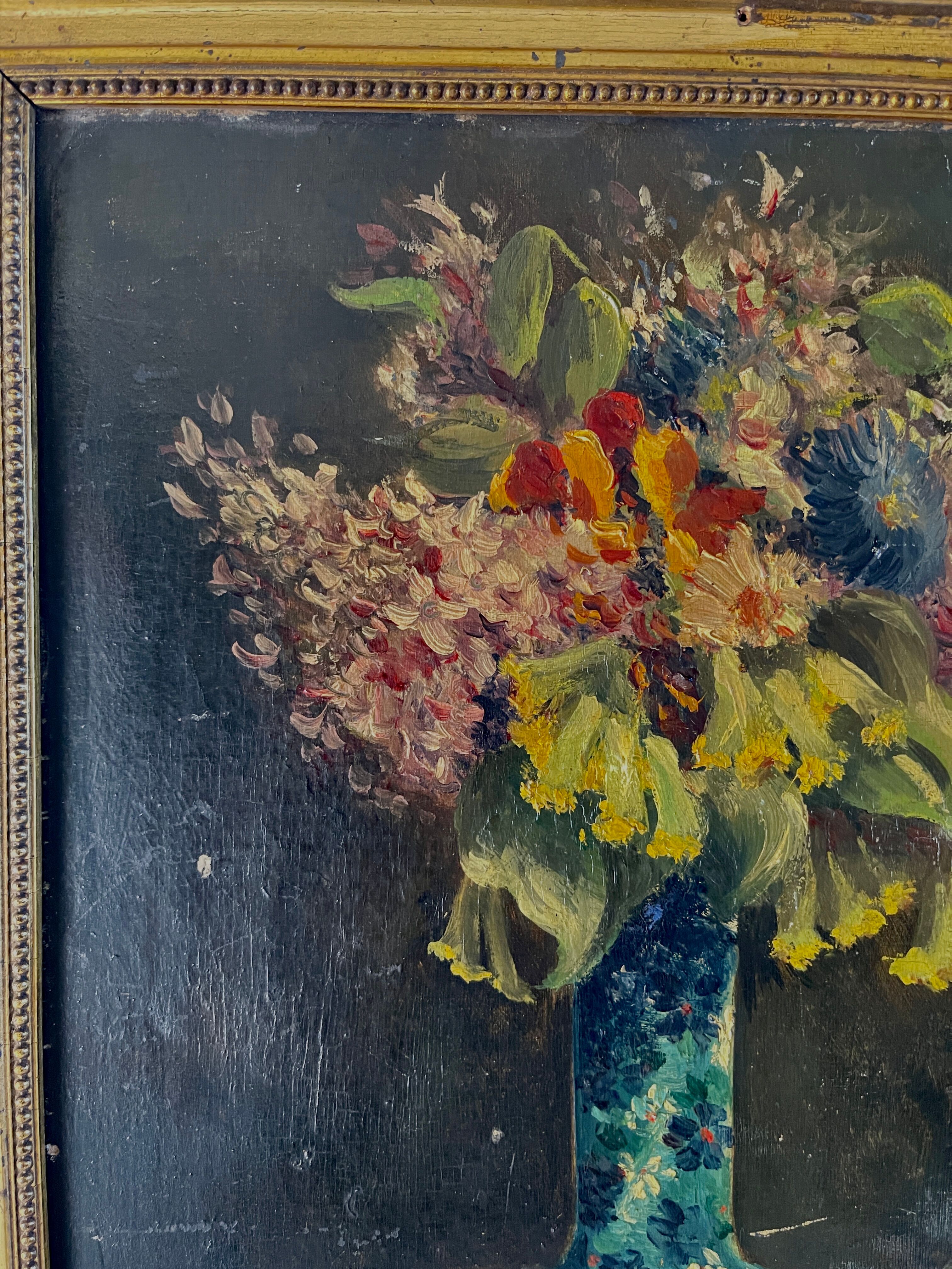 Still life with vase and bouquets of flowers