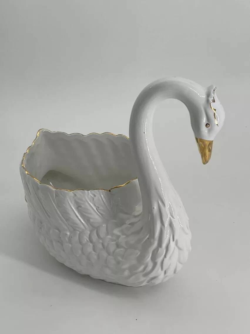 Vintage white and gold ceramic swan planter