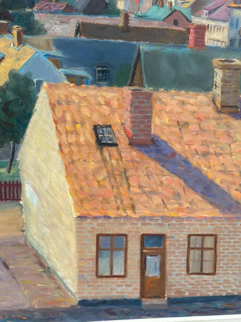 Large Original Swedish Oil on Panel – "Urban Landscape" by Wilhelm Matton – Signed – Dated 1947 – Framed – 83 × 73 cm (32.7 in × 28.7 in)
