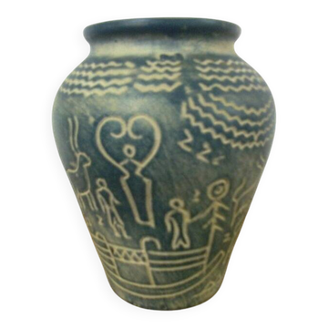 terracotta vase, fir green colour, incised patterns with prehistoric themes