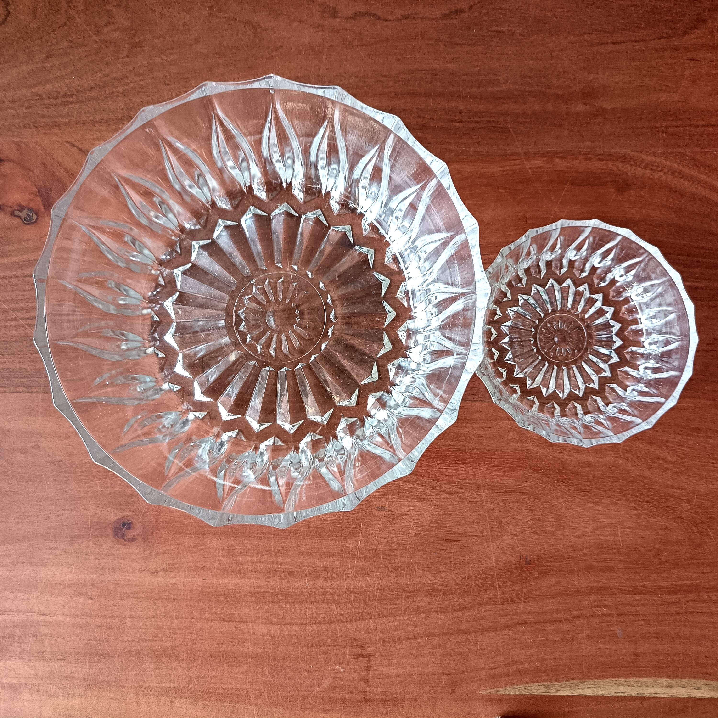 Vintage glass dessert service, bowls and serving dish.