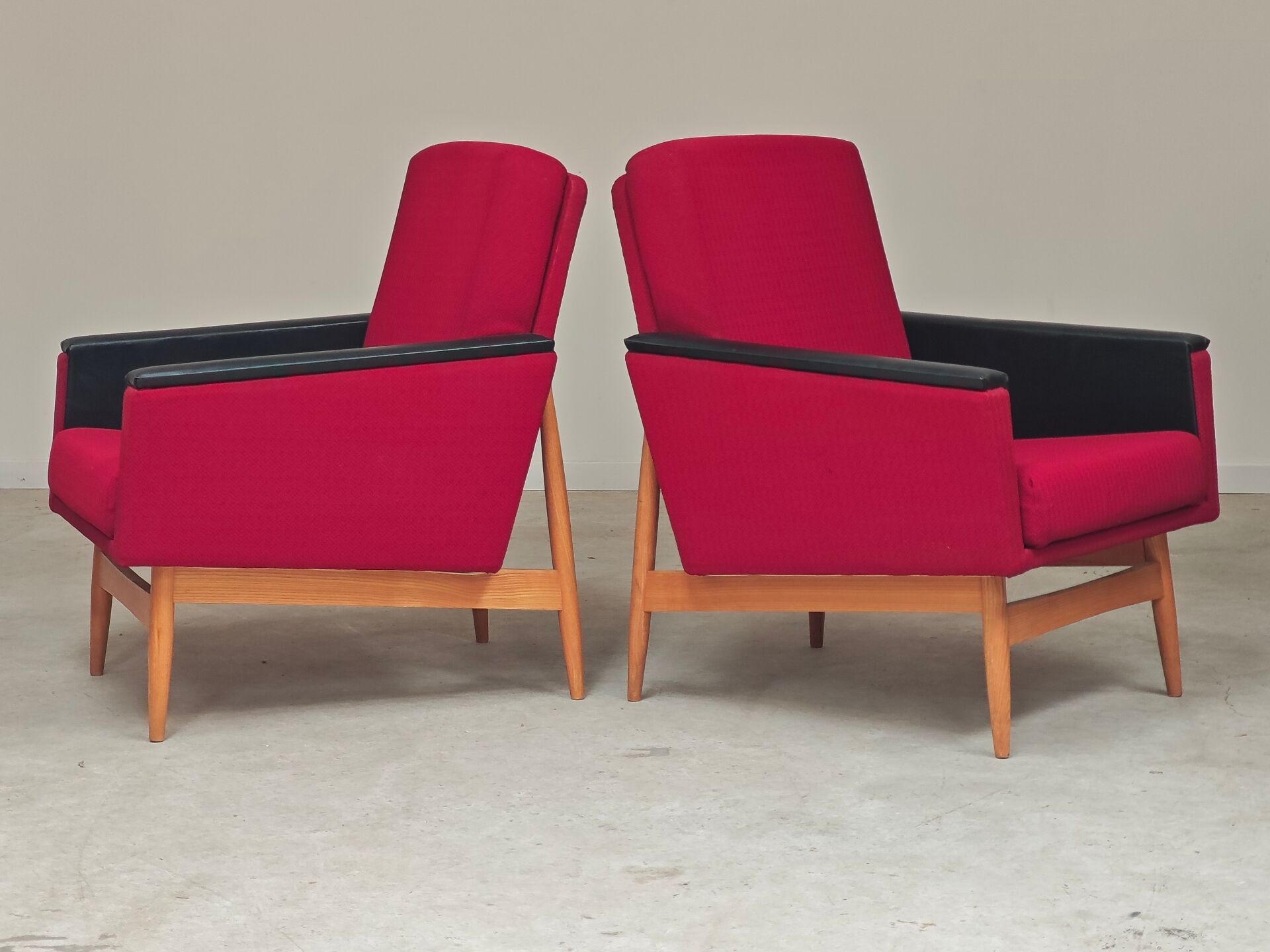 Pair of Drevotex Zamberk armchairs, red fabric and faux leather 1970