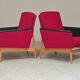 Pair of Drevotex Zamberk armchairs, red fabric and faux leather 1970