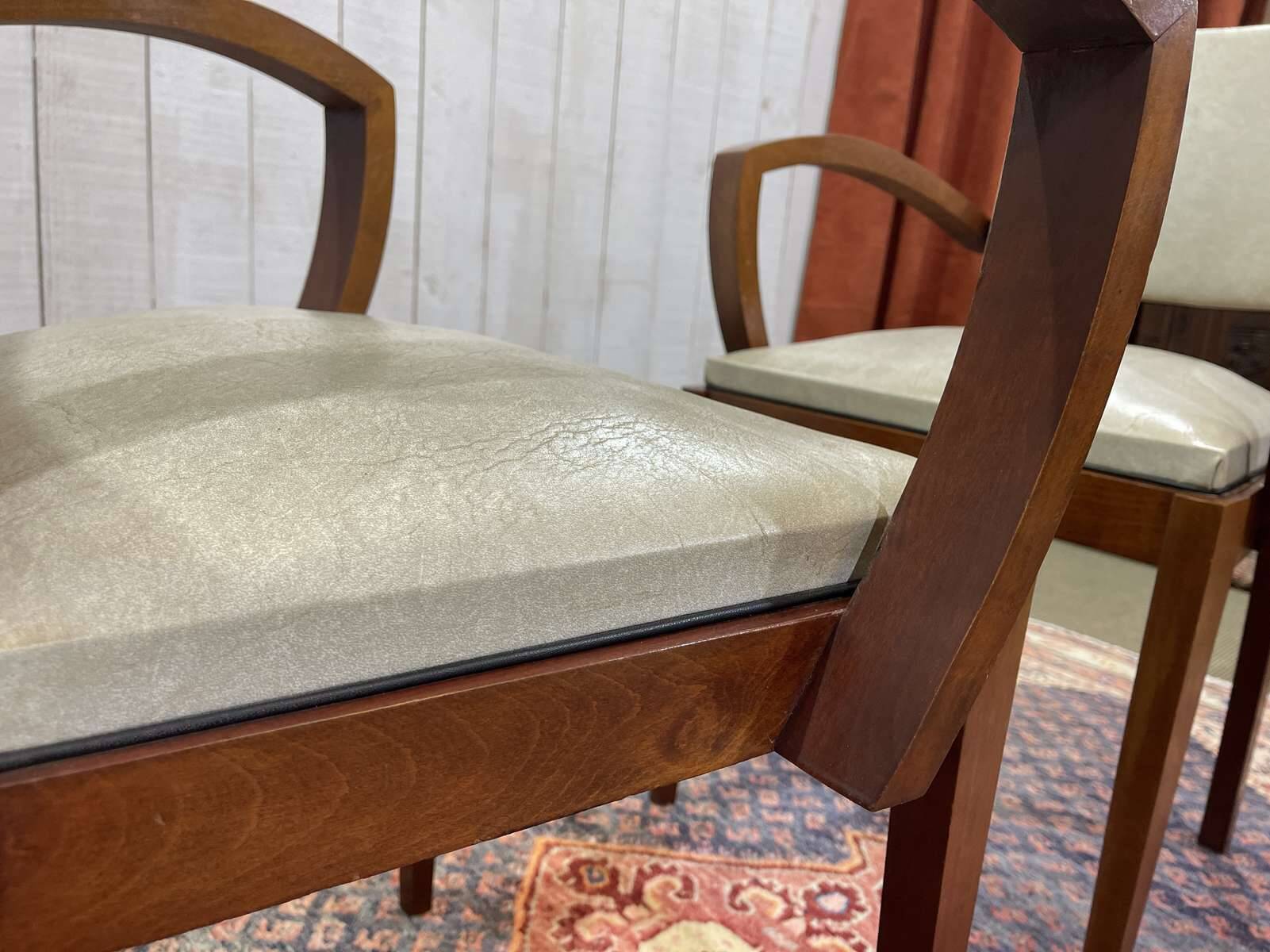 Pair of Art Deco bridge chairs in beech and imitation leather from the 1950s