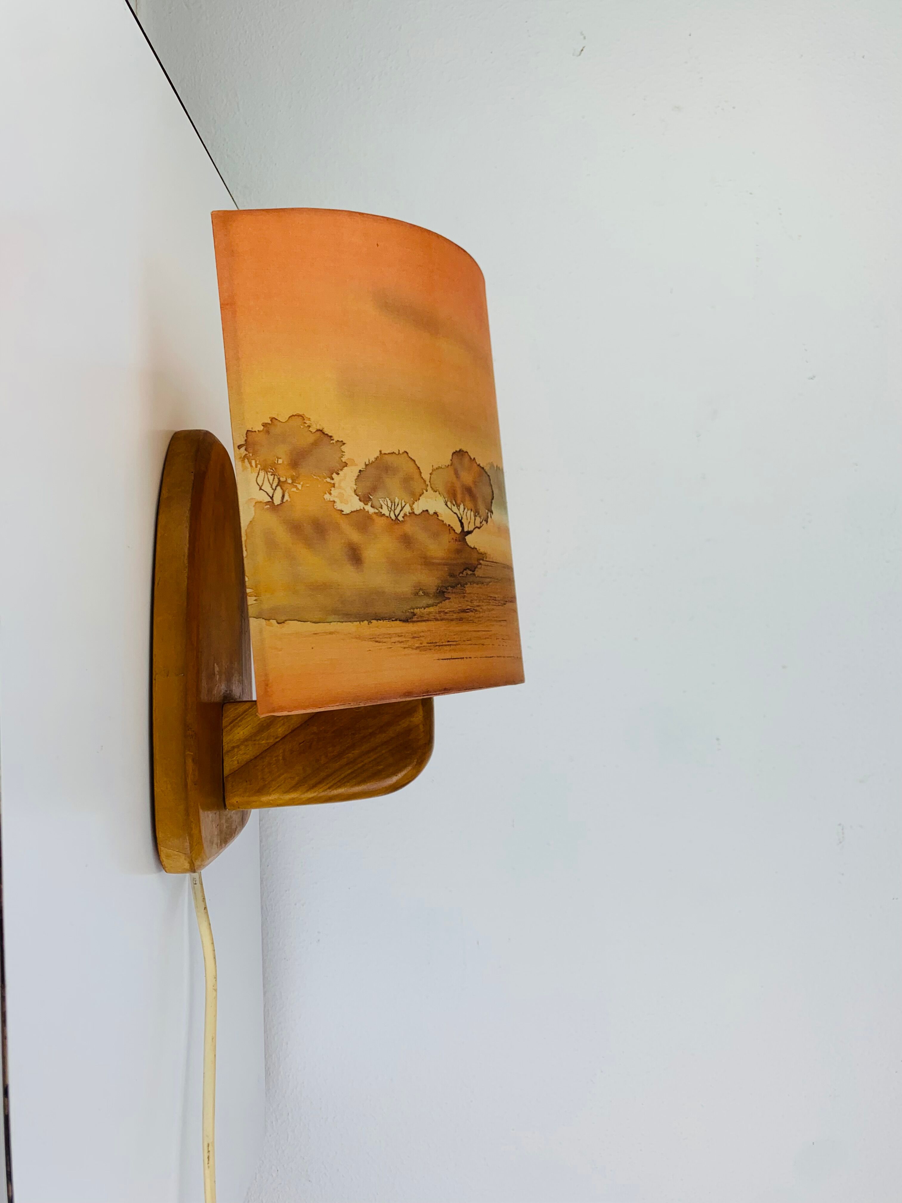 Wooden wall lamp and silk lampshade, vintage, 1960s.