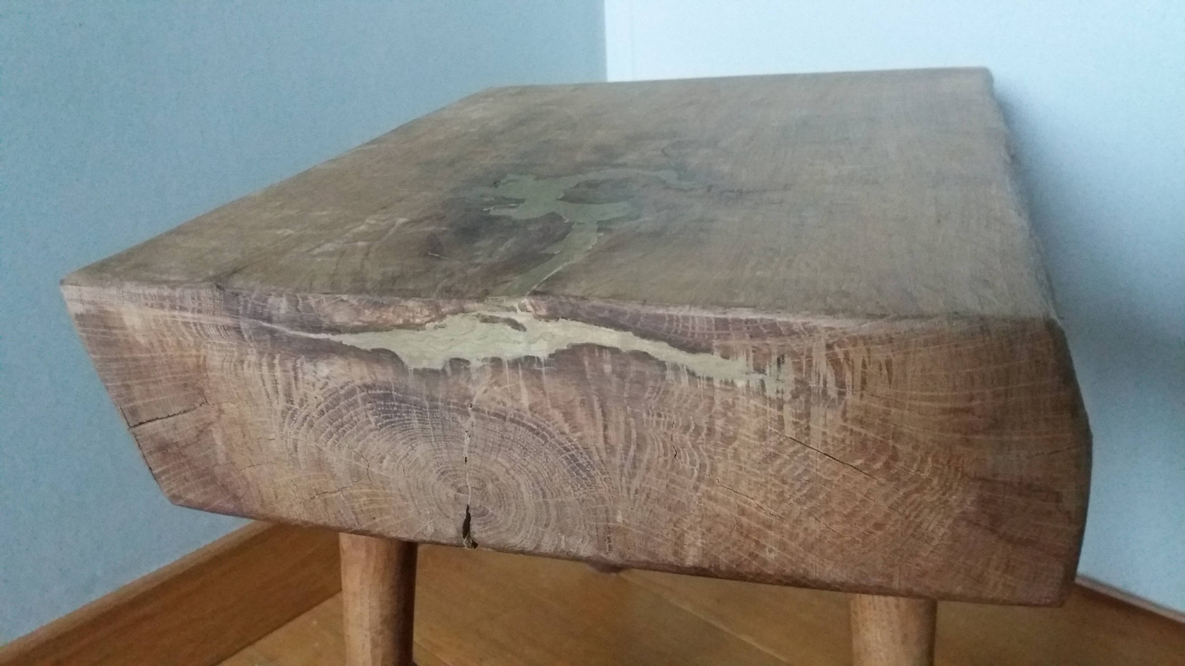 Stool, brutalist side table in solid oak.