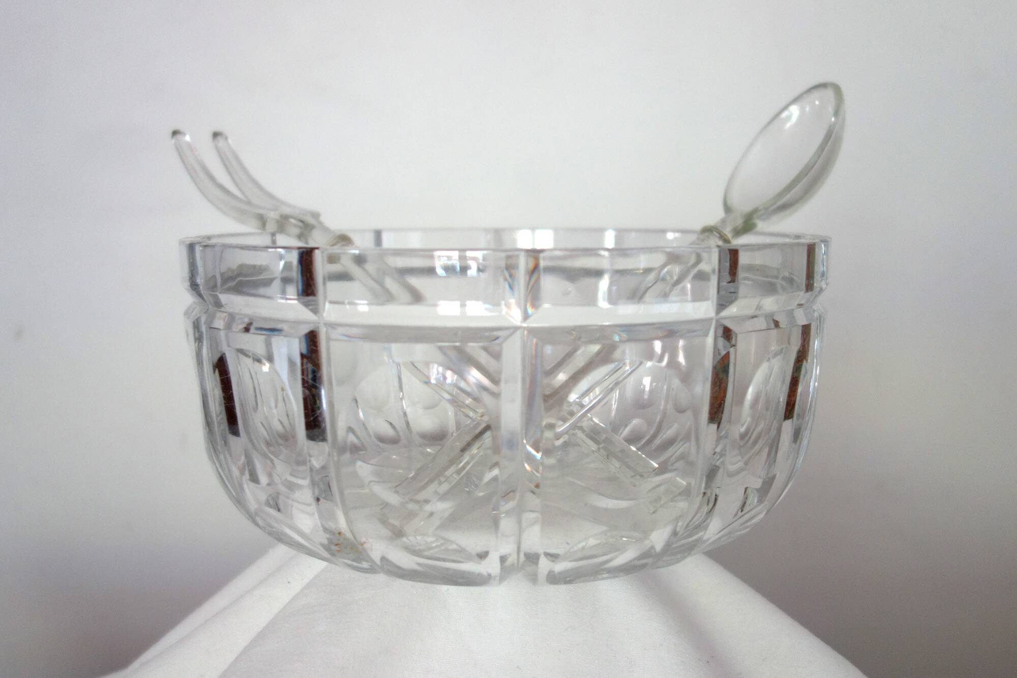 Vintage Bohemian cut crystal salad bowl and cutlery