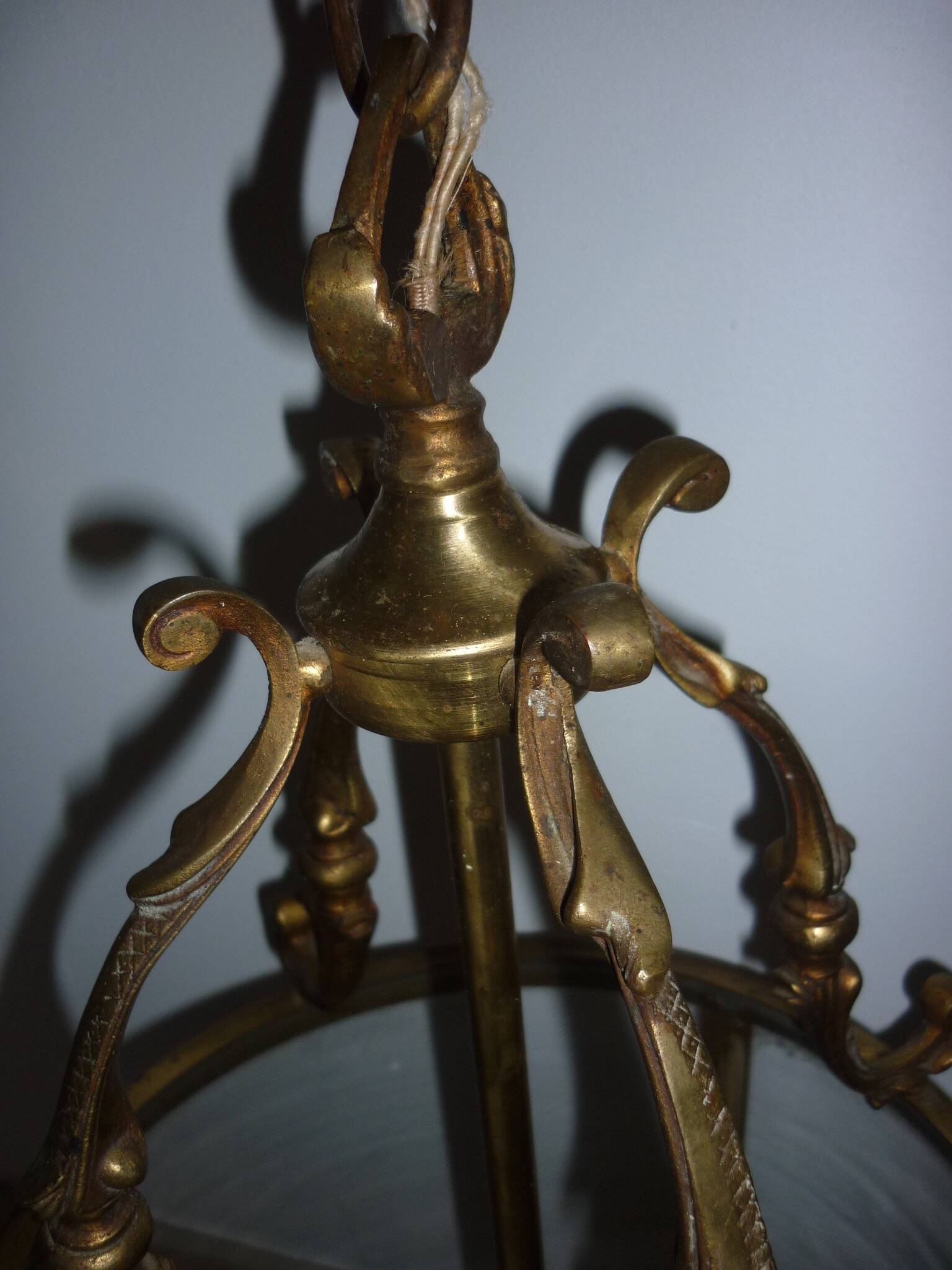 Antique glass and brass lantern pendant light, 3 lights