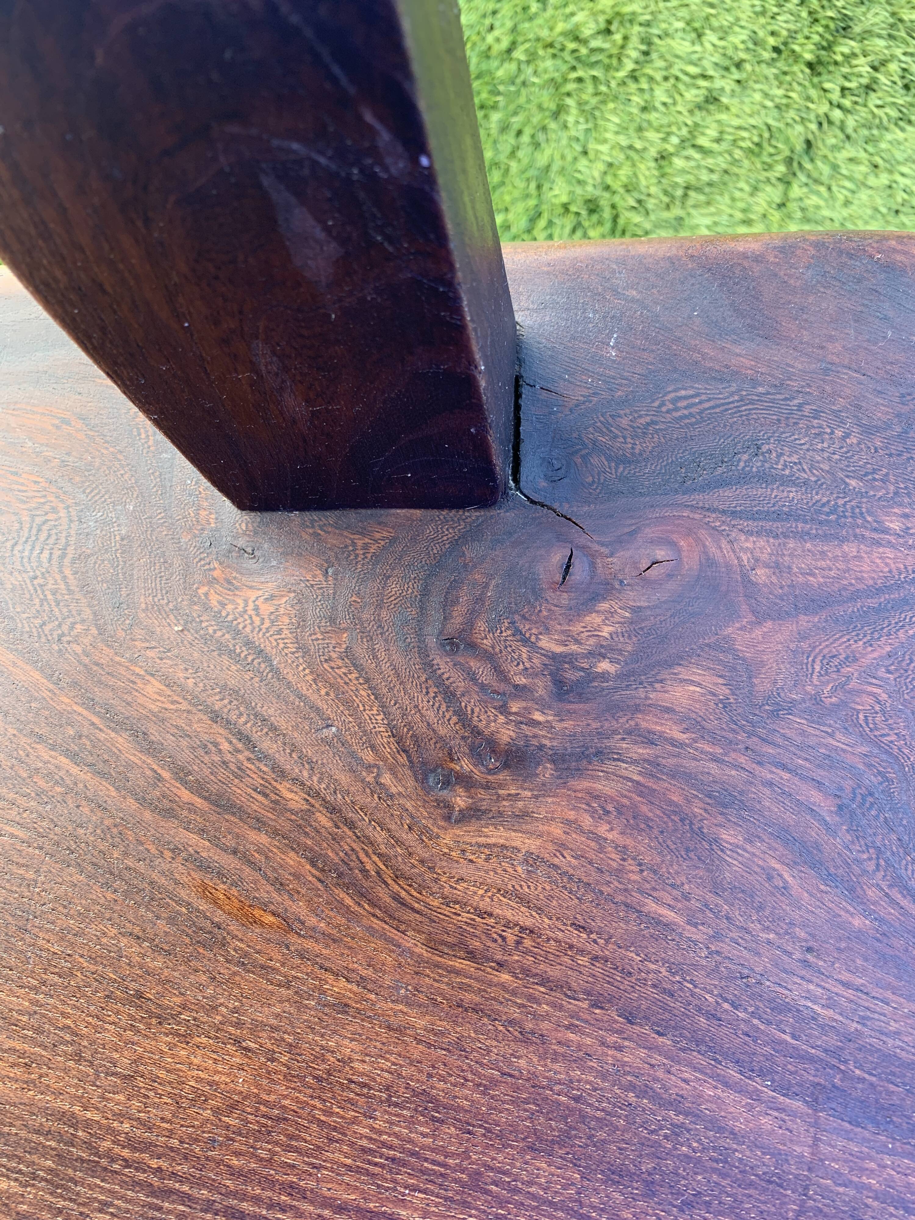 Pair of brutalist T-shaped chairs, solid Aranjou elm, design Olavi Hanninen, 1970