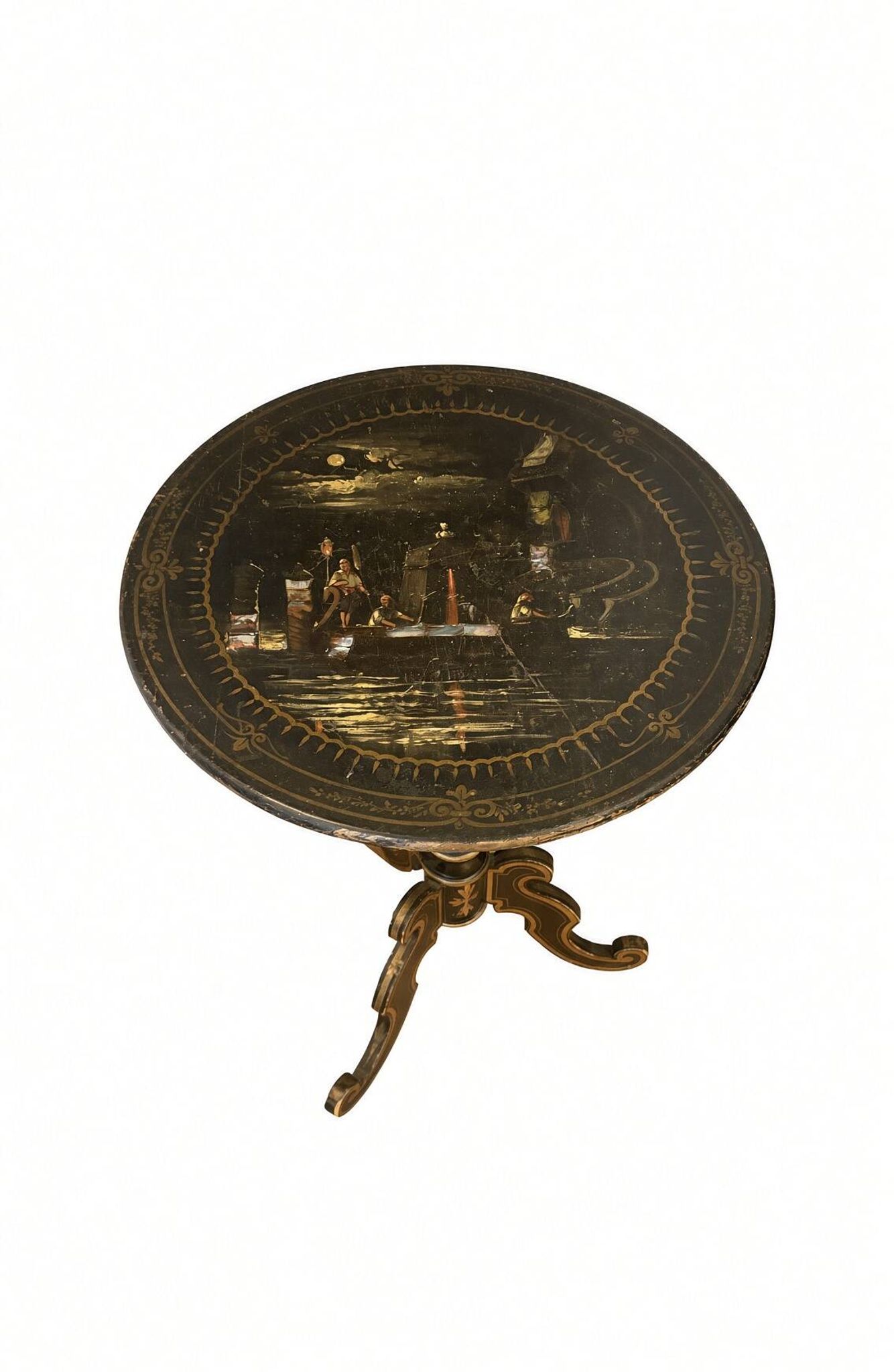 Tilting gueridon Napoleon III; Venetian scene in moonlight; D50cm