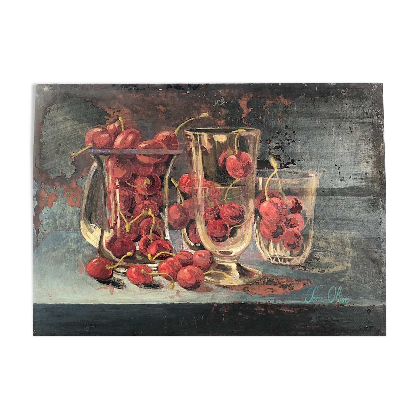 Oil on panel by sens-olive "the cherries ", 20th