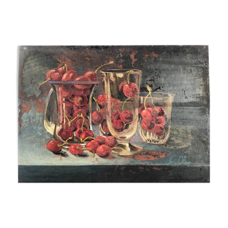 Oil on panel by sens-olive "the cherries ", 20th