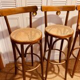 Tabourets de bar en bois courbé et cannage