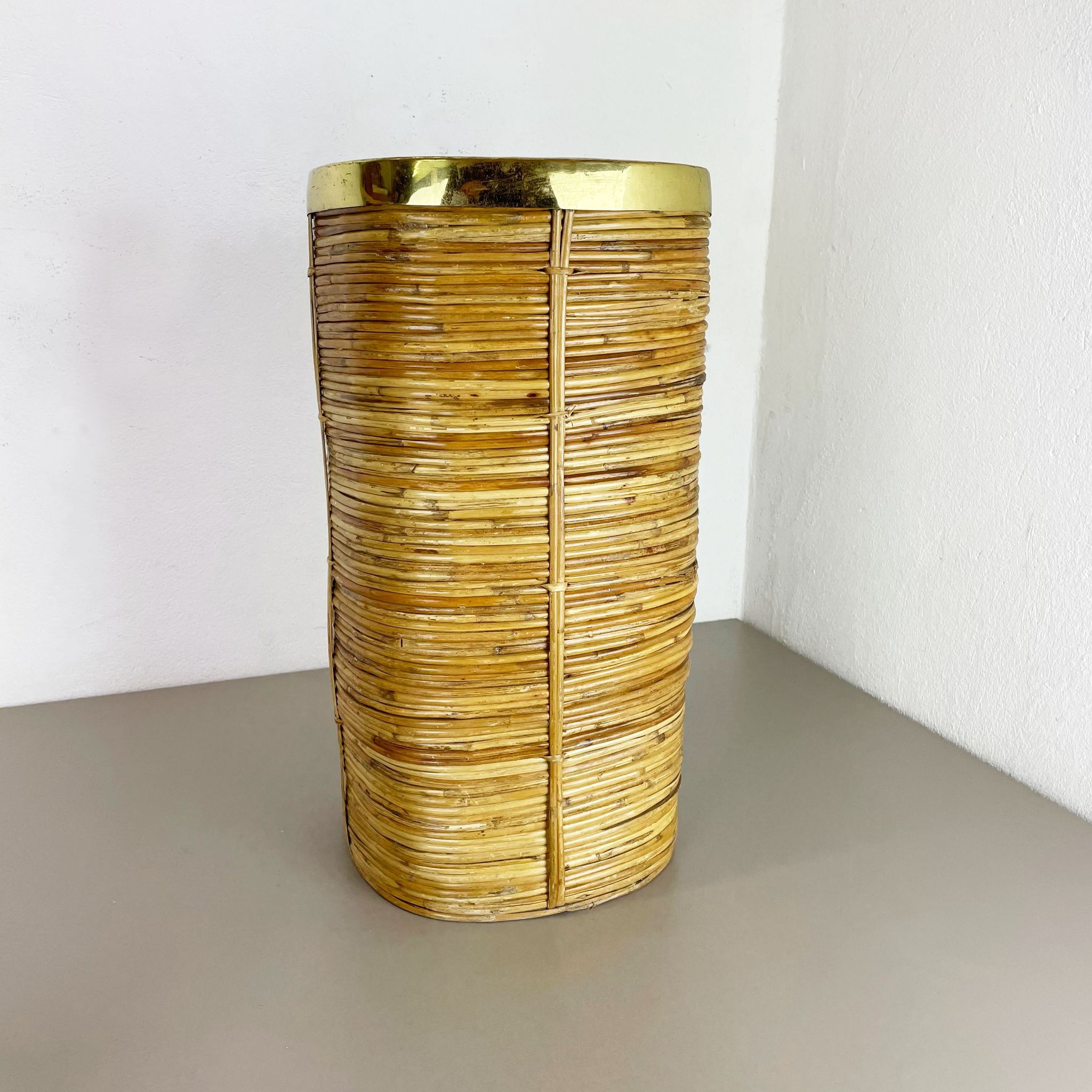 Mid-century rattan and brass bauhaus waste paper bin, france, 1960s