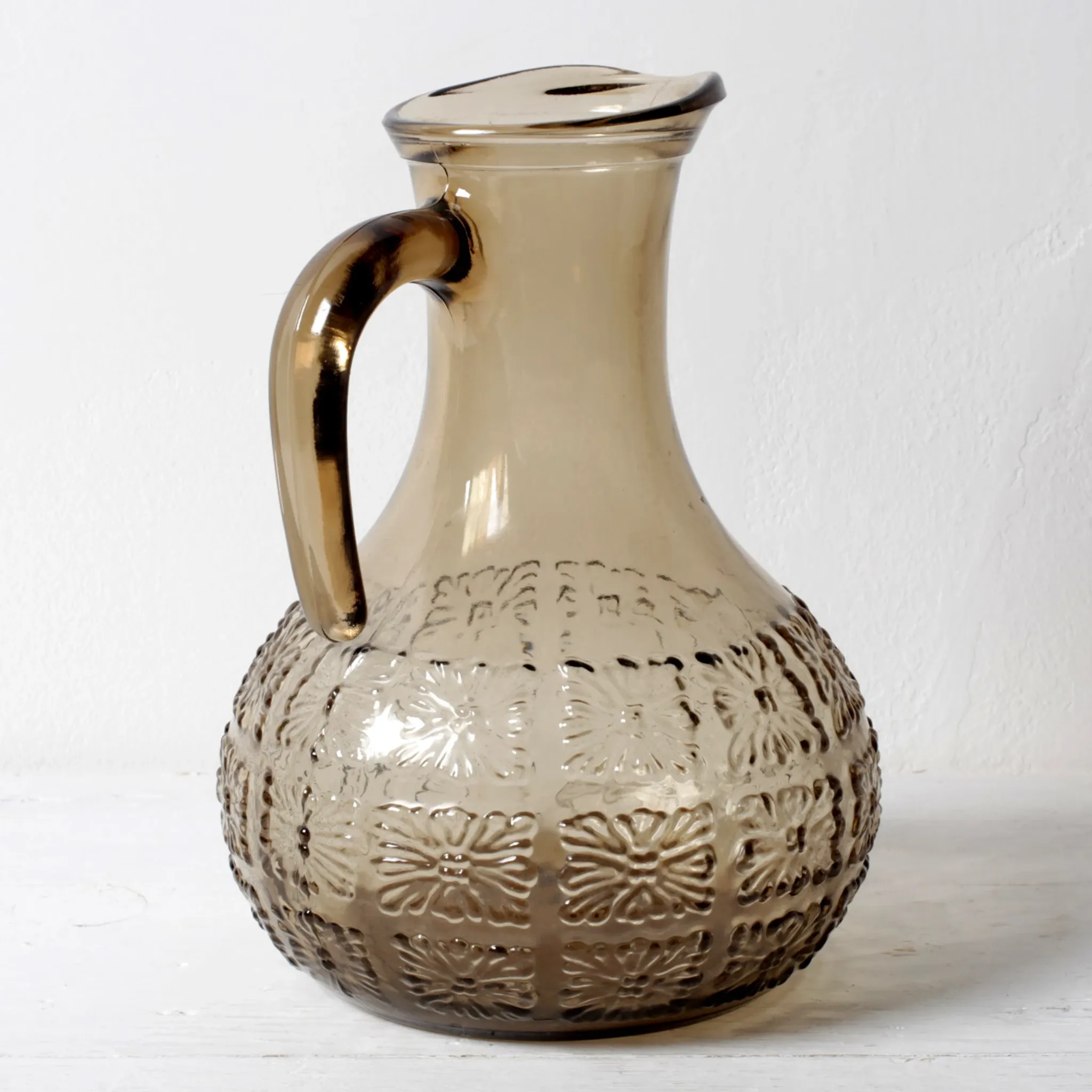 Italian Smoked Glass Jug / Embossed Floral Brown Pitcher / Mid-century Jug