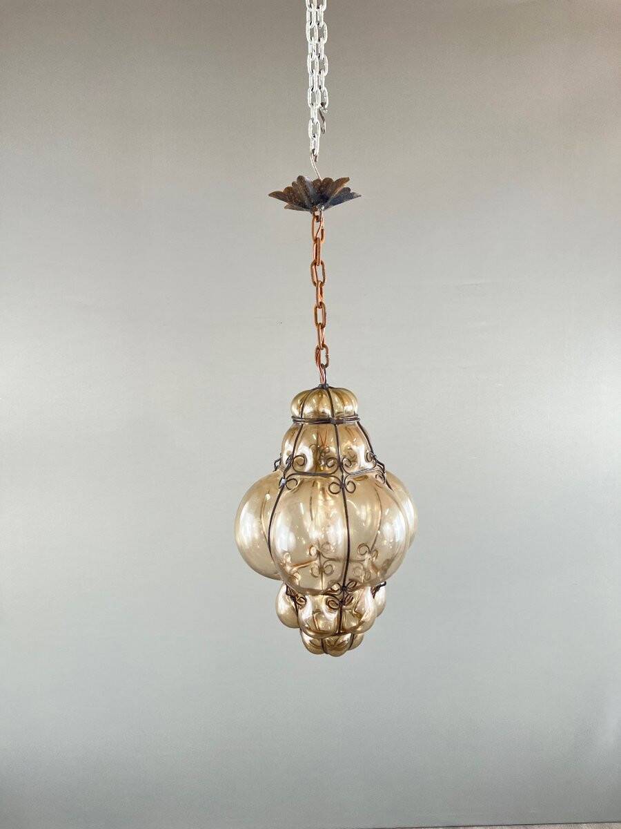 Amber Blown Glass Hanging Lantern, Italian Work, 20th Century