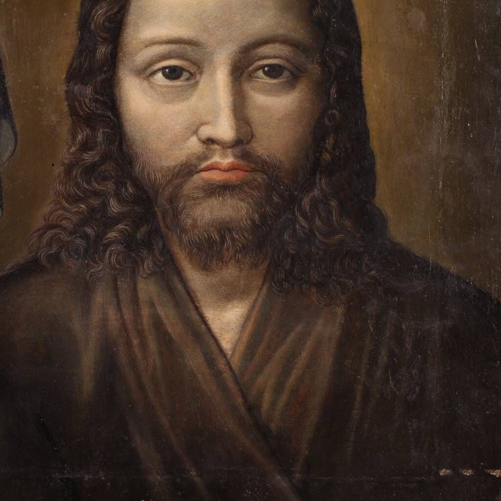 Antique French painting on panel, Christ and the Madonna from 18th century