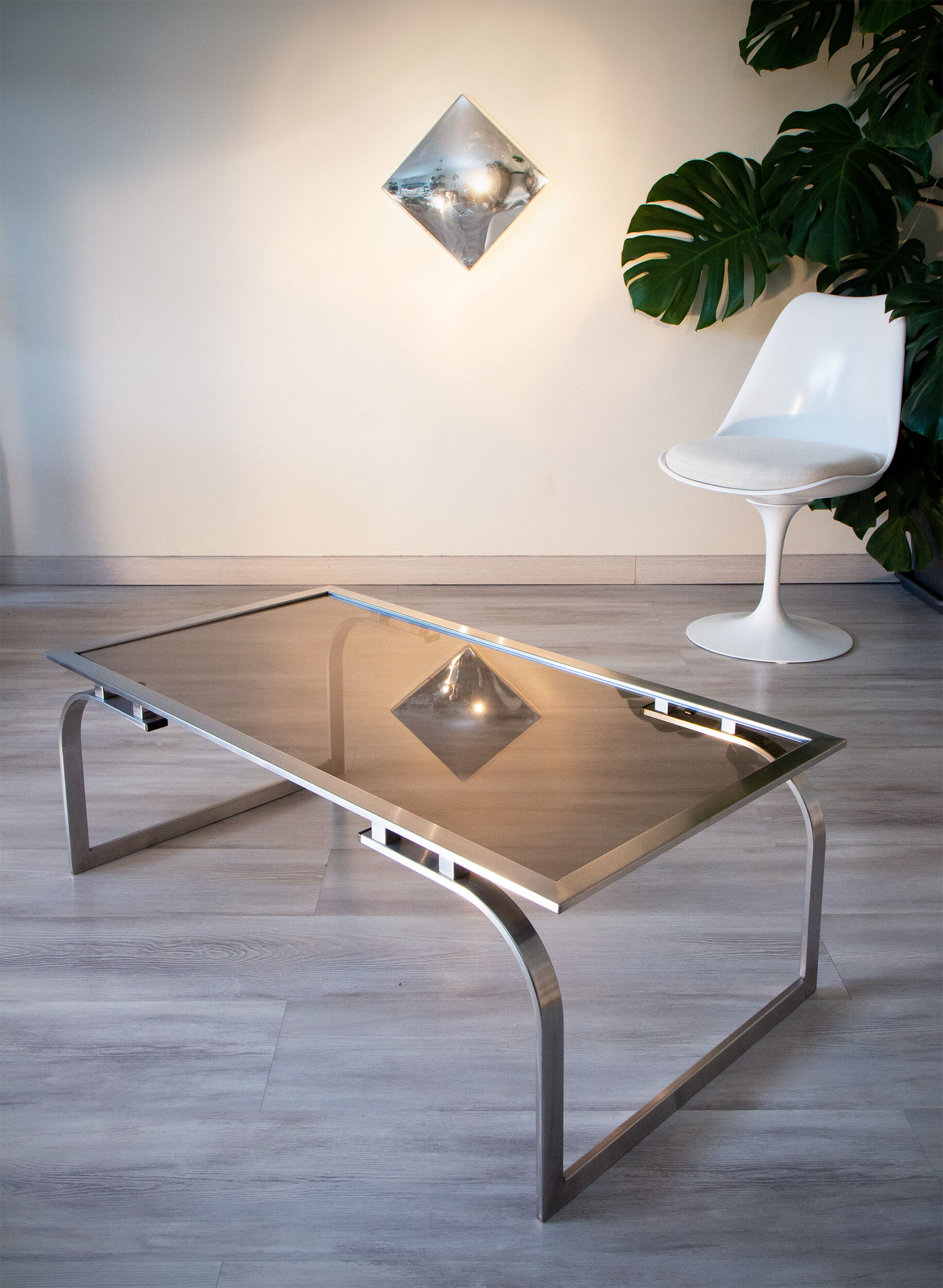 Coffee table 1970 smoked glass and metal