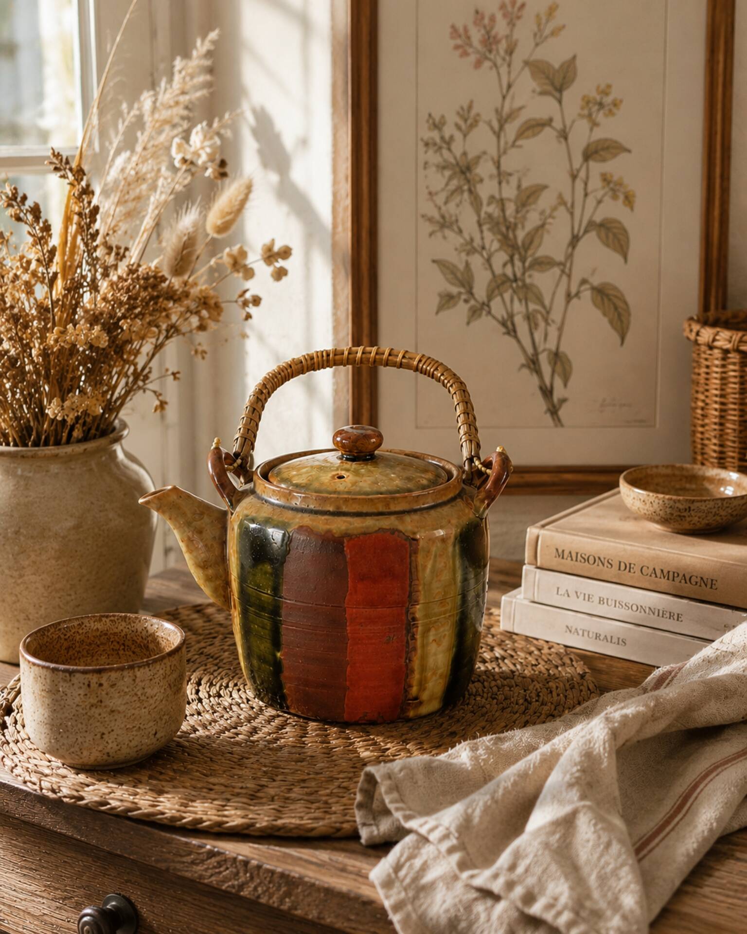 Vintage ceramic teapot with an enamel finish, rattan handle, warm tones.