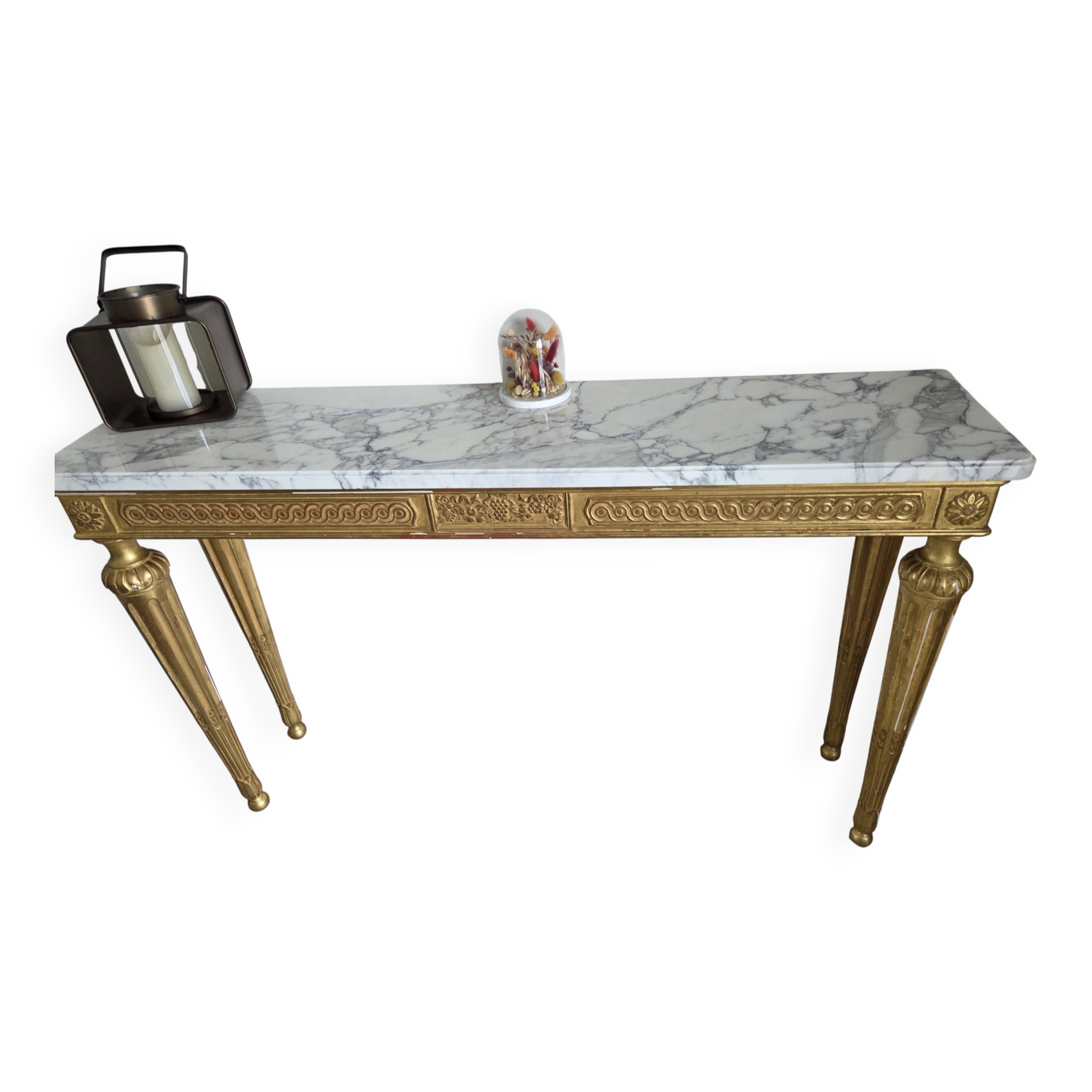 18th-century Italian console in gilded wood with a marble top.