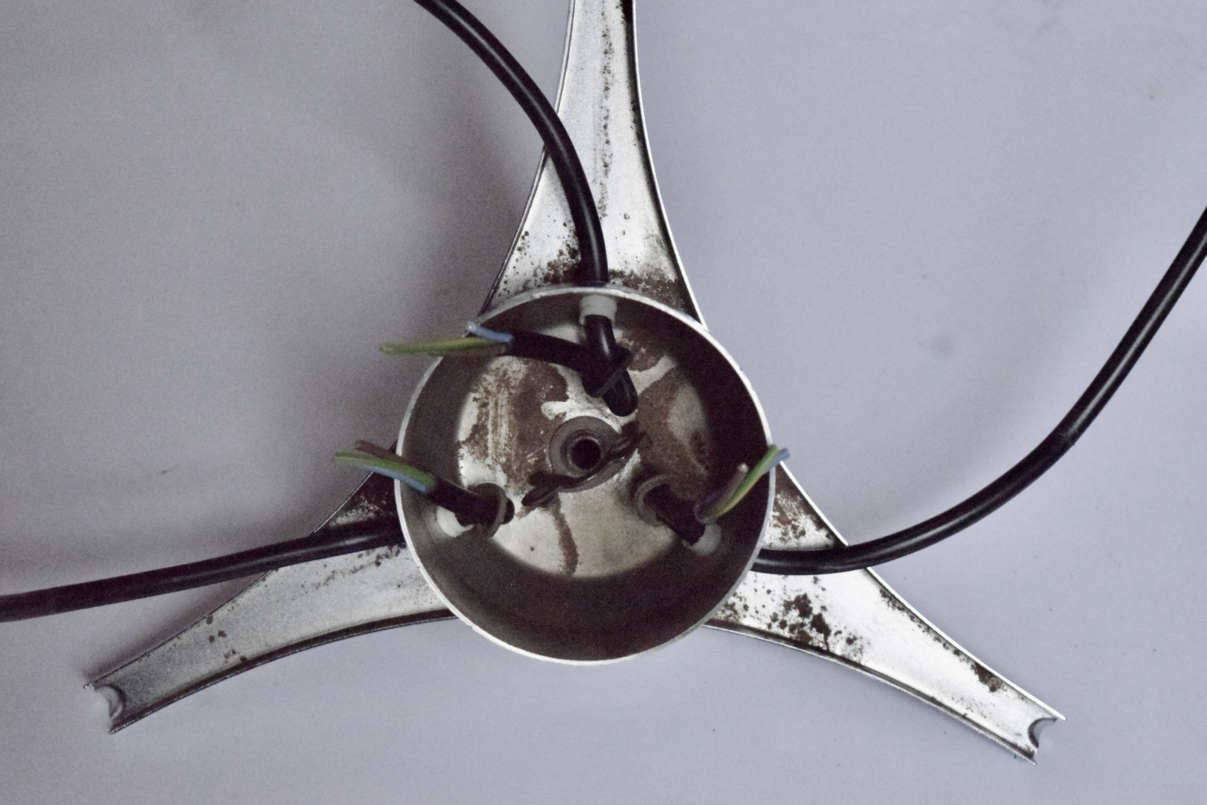 Triple vintage pendant light in molded glass, chrome metal and orange plastic - Space Age Design