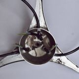 Triple vintage pendant light in molded glass, chrome metal and orange plastic - Space Age Design