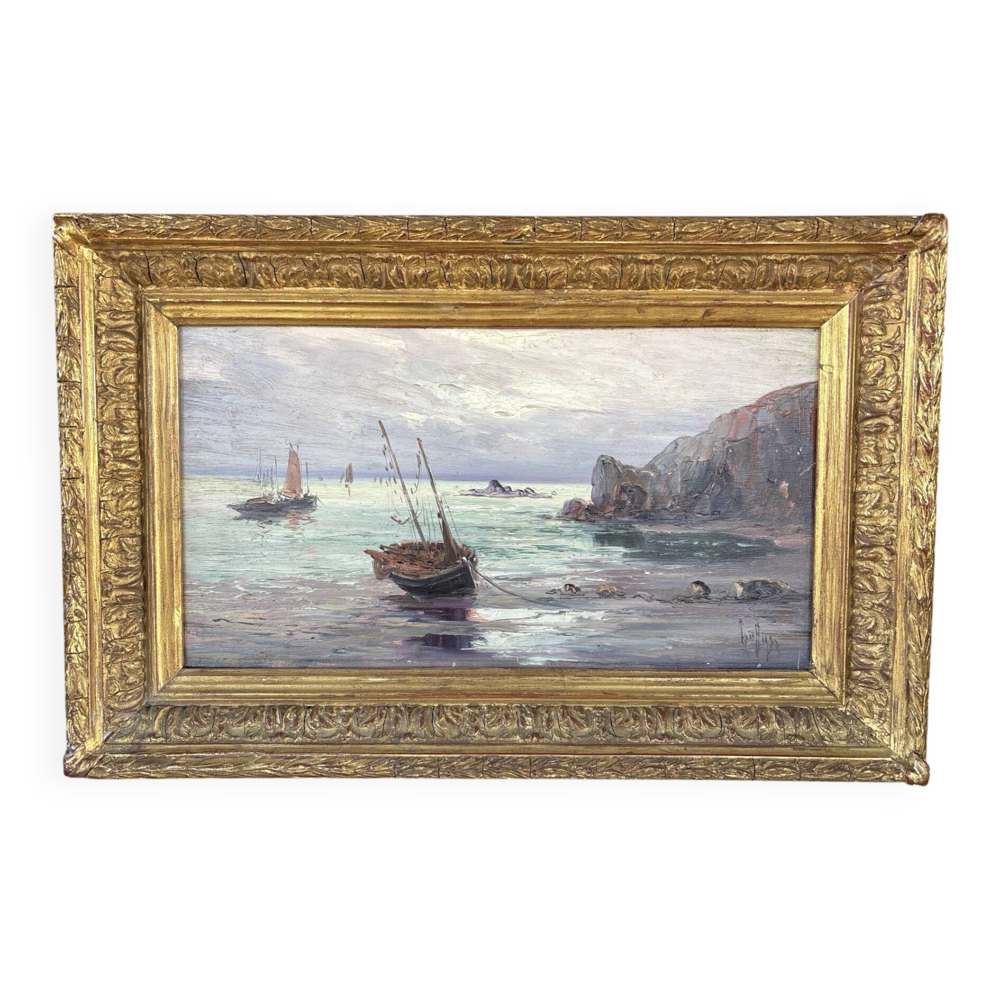 Old marine painting – Oil on panel signed Léo Spanoghe