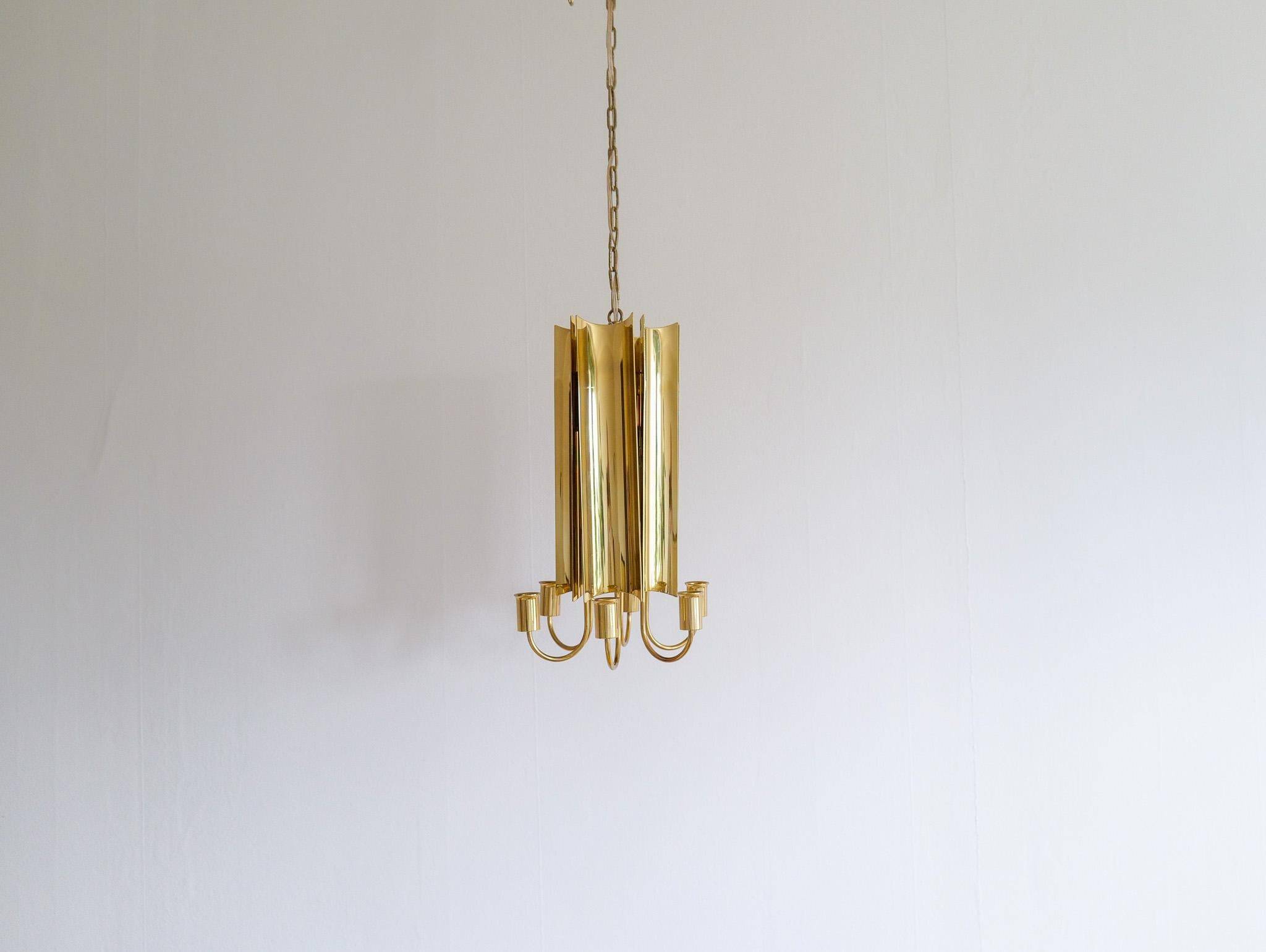 Modern mid-century brass chandelier Reflex Pierre Forssell Skultuna, Sweden