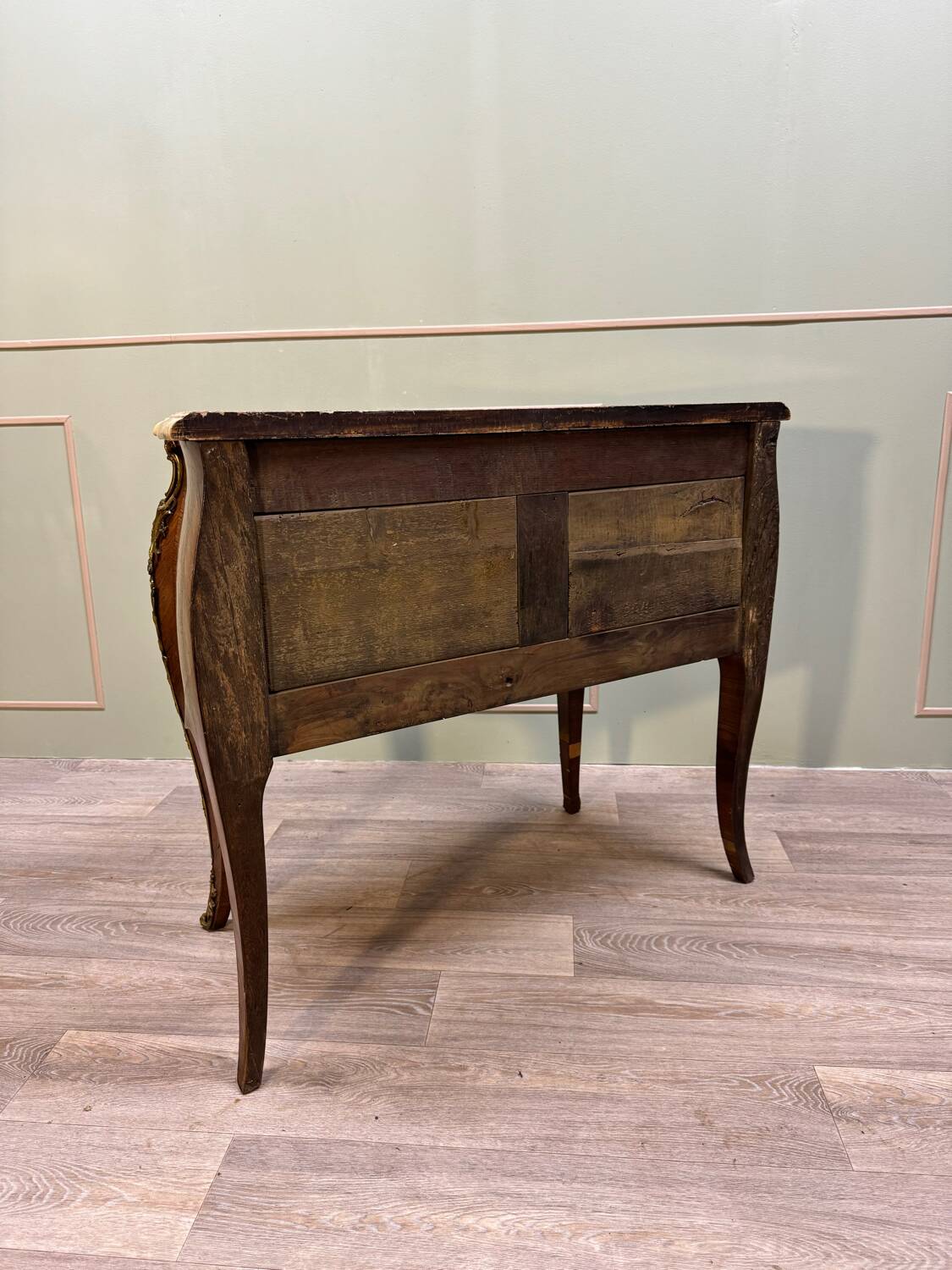 Curved sauteuse commode in stamped marquetry louis xv style xix eme century