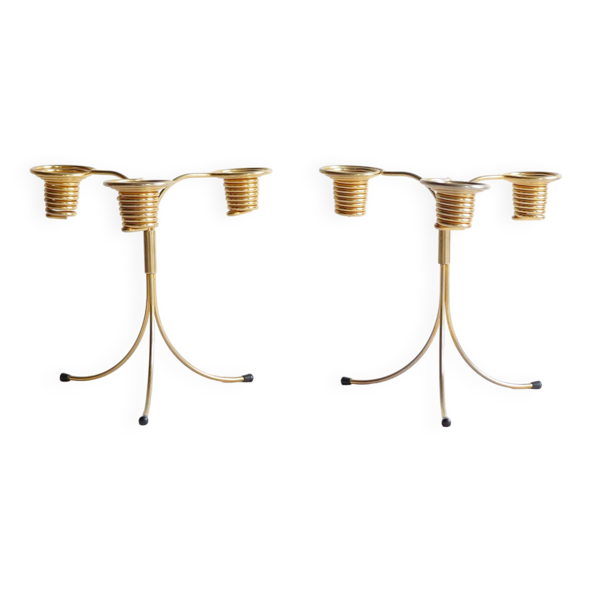 Pair of Vintage Rockabilly Style Gold Brass Spiral Tripod Candlestick Holders