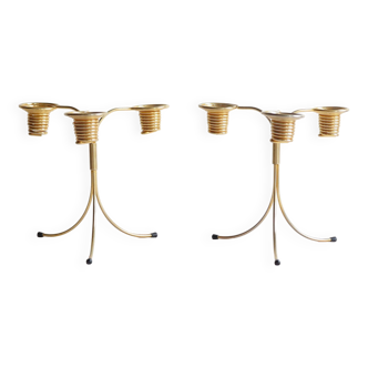 Pair of golden brass spiral tripod candlesticks, vintage Rockabilly style