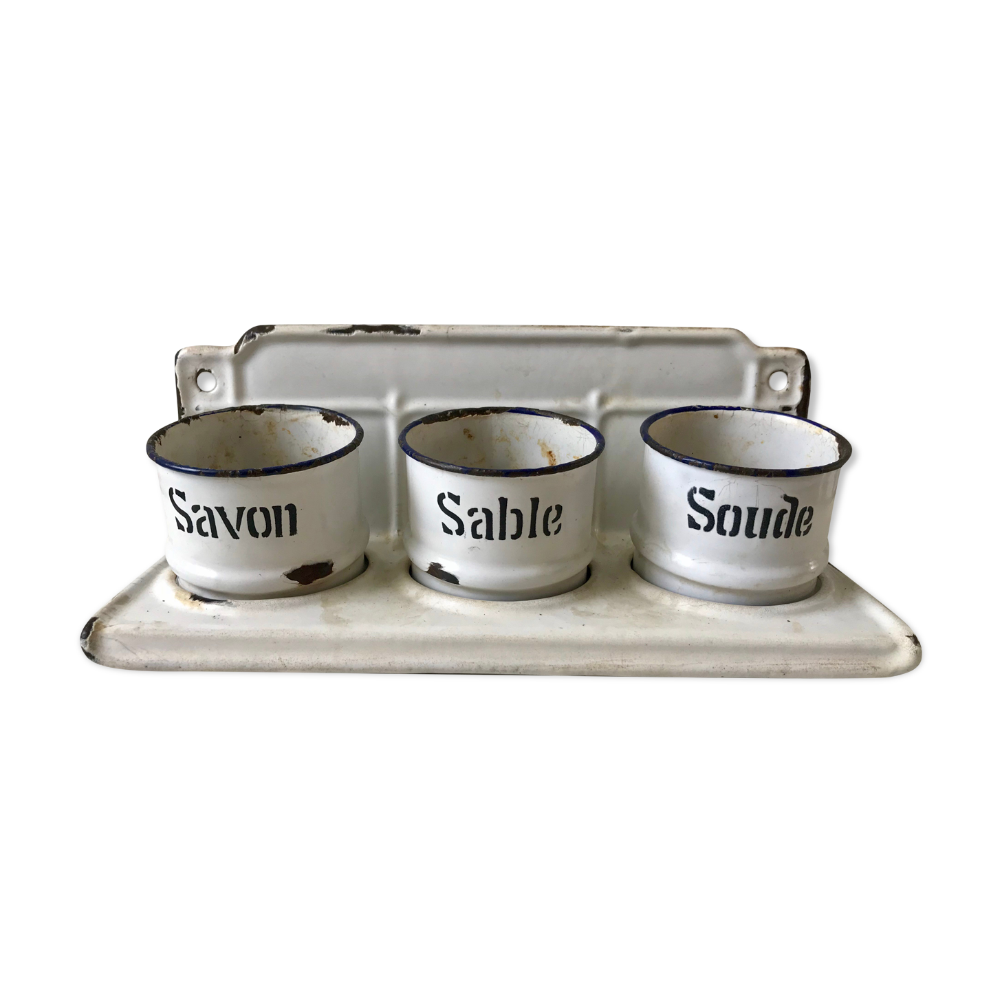 set of enamelled pots to fix (soda, soap, salt) early twentieth century