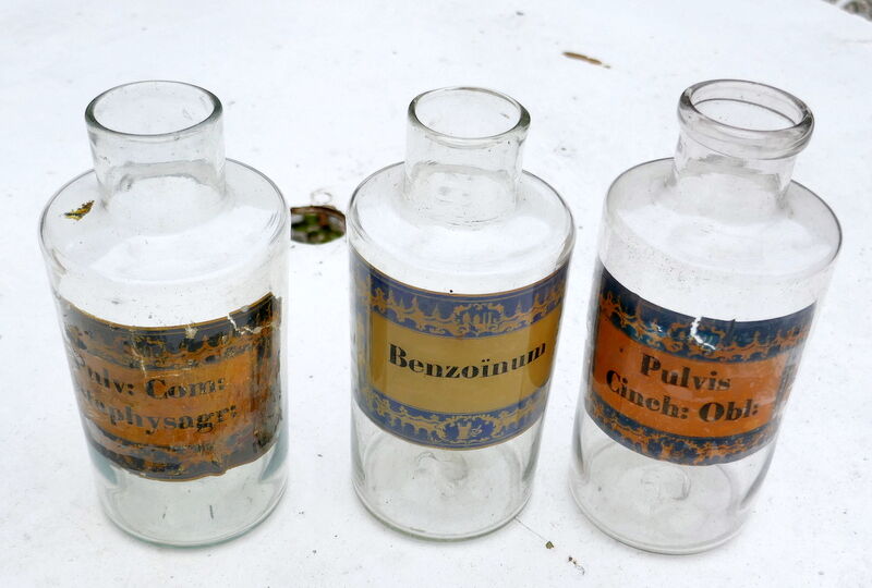 3 apothecary jars, antique blown glass pharmacy