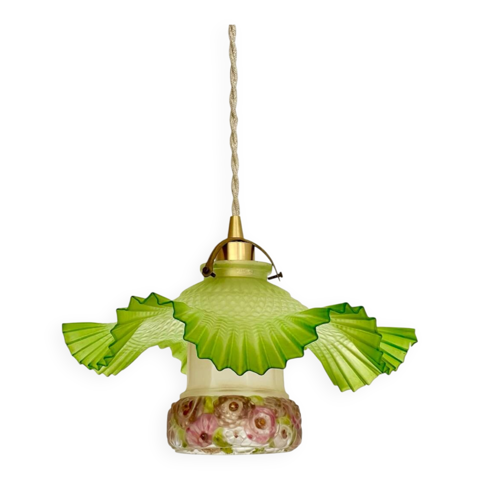 Opaline pleated suspension and tulip with Art Deco floral patterns.