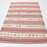 Beige & Pink Wool Kilim Rug, 142x203Cm Handknotted Carpet, 5x7 Rugs