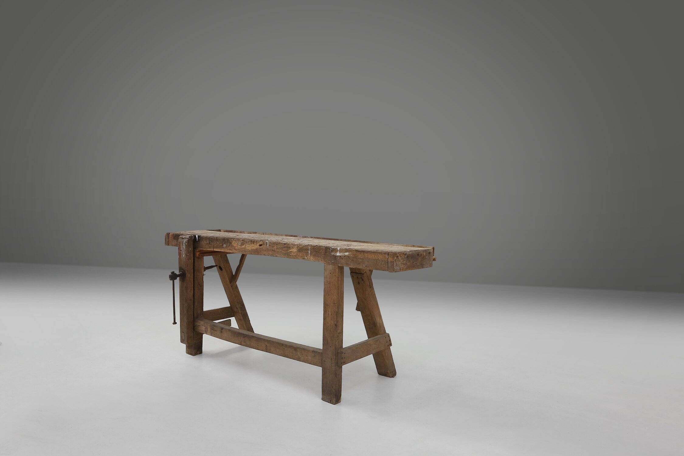 Industrial solid oak Workbench, Belgium ca. 1900