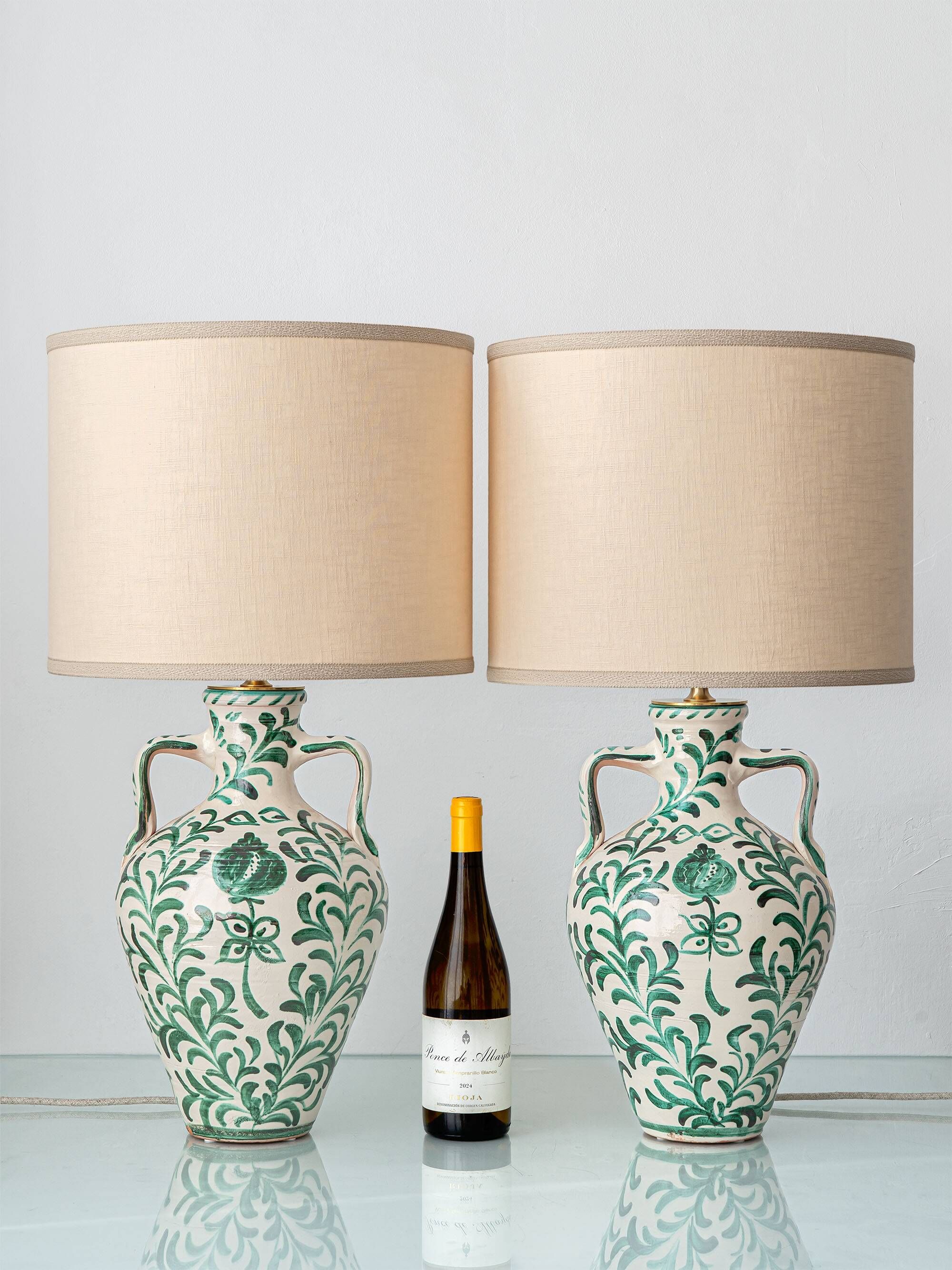 Spanish Revival Ceramic Table Lamp Pair from Granada, New Linen Lampshades