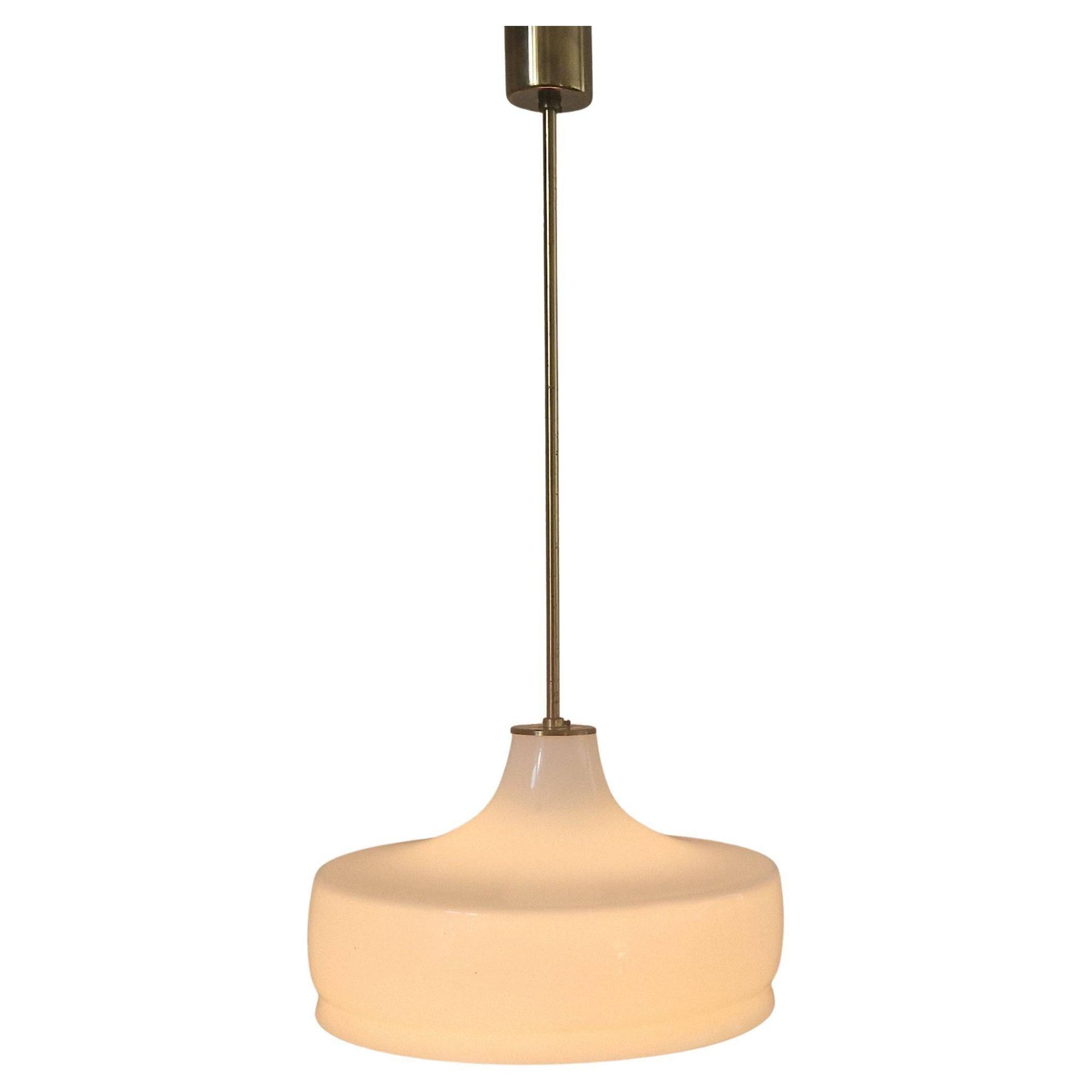 Rare Midcentury Brass and Milk Glass Pendant Kamenicky Senov, 1970s