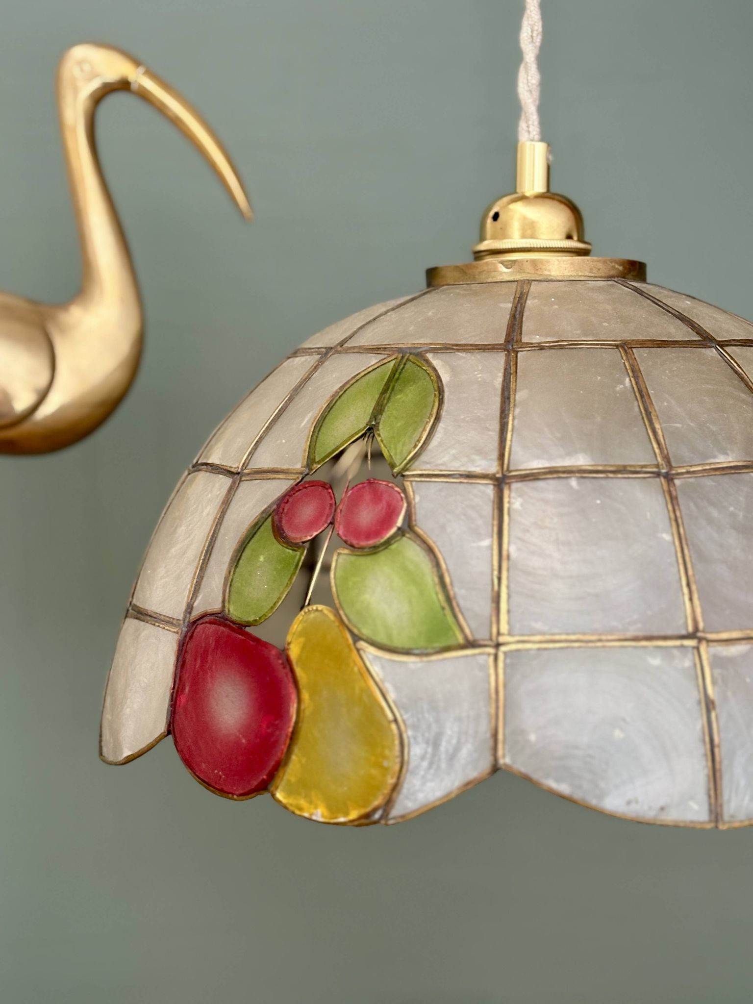 Vintage mother-of-pearl and brass pendant lampshade with fruit decorations
