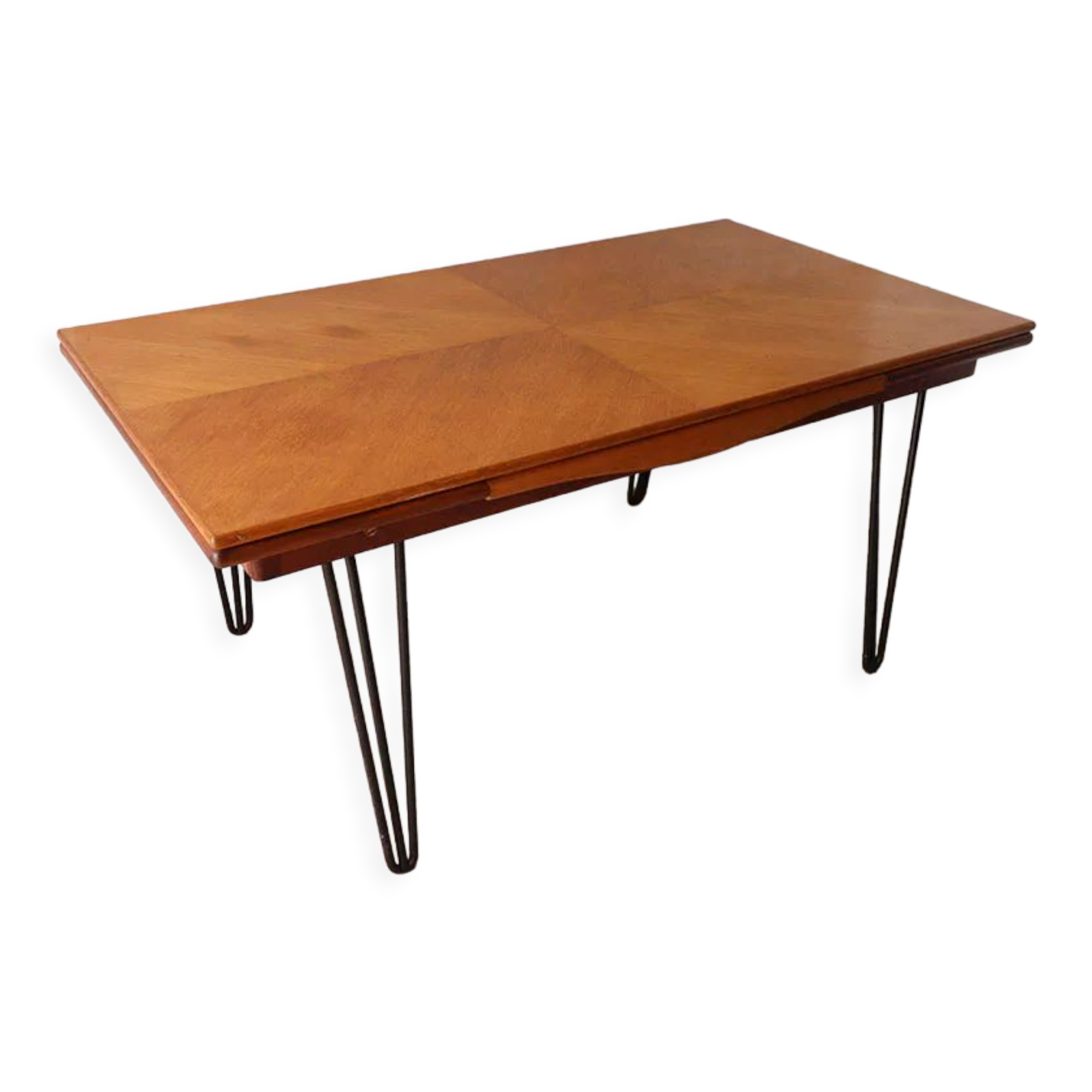 Table de repas vintage extensible en bois et piètement métal, 1950