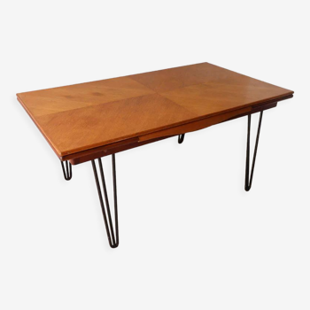 Vintage extendable dining table in wood and metal base, 1950