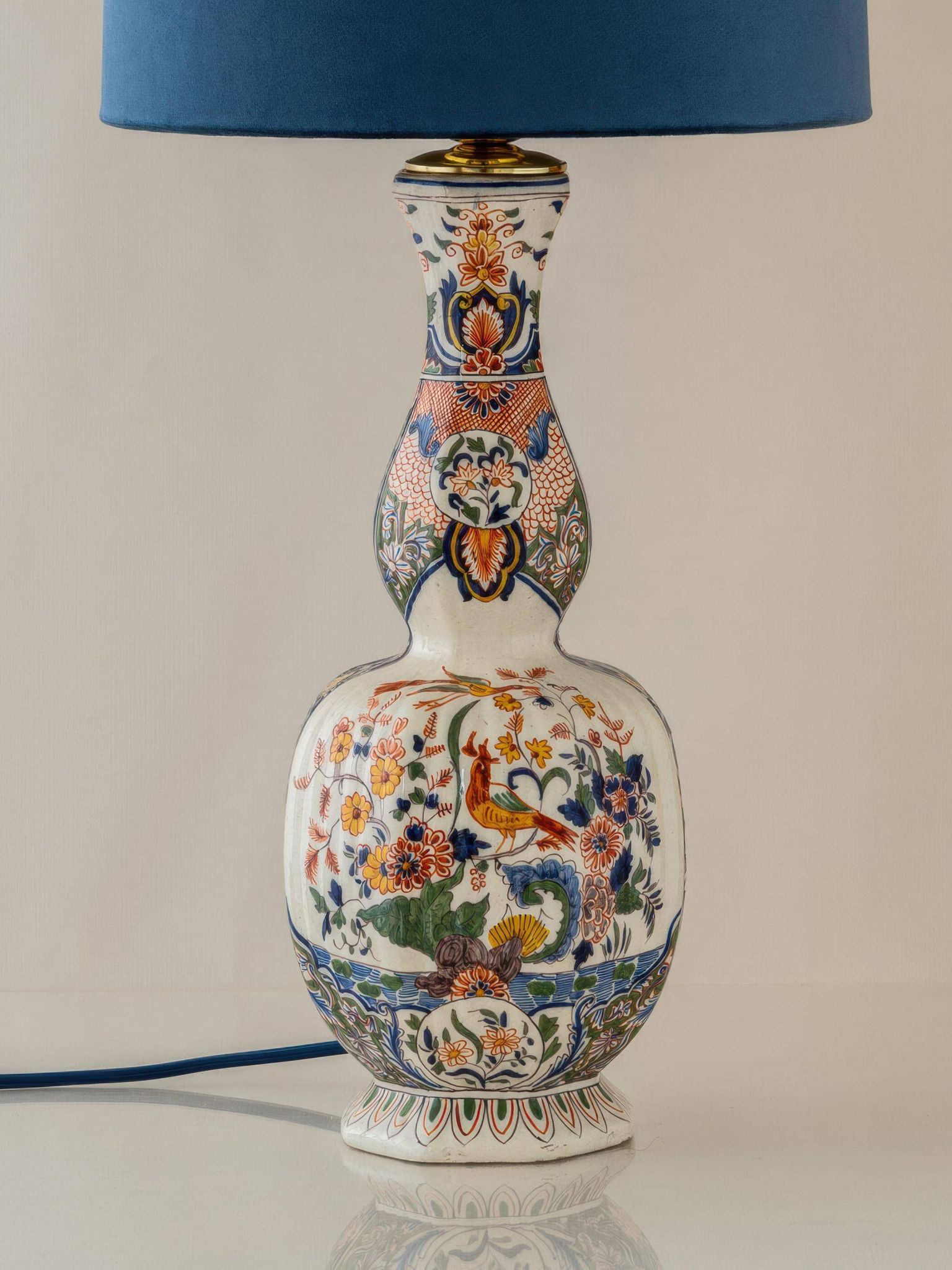Delft-style ceramic table lamp from France around 1900 with a new blue velvet shade.