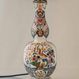 Delft-style ceramic table lamp from France around 1900 with a new blue velvet shade.