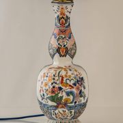 Delft-style ceramic table lamp from France around 1900 with a new blue velvet shade.