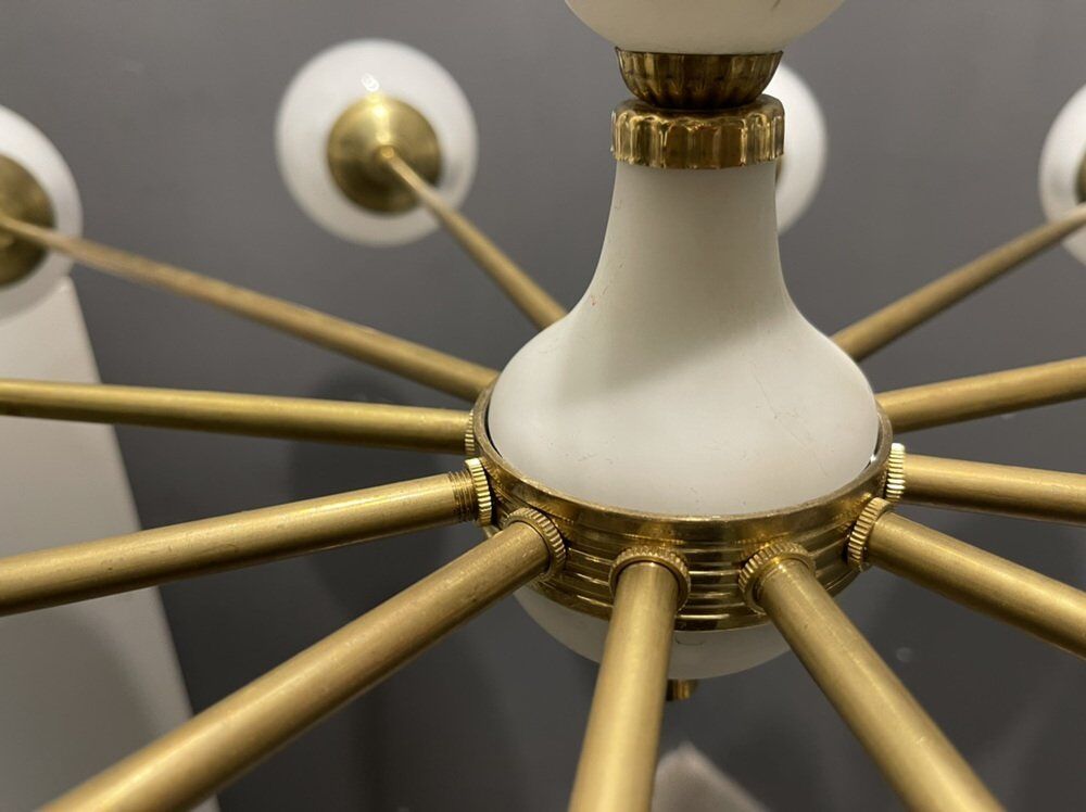 Opaline glass & brass sputnik chandelier with 12 lights, 1970s