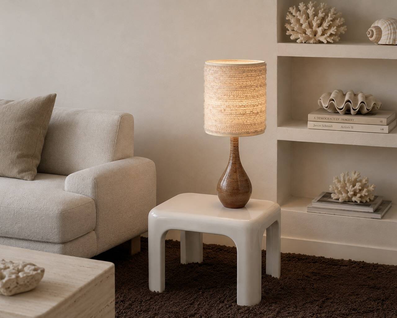 Ceramic stoneware lamp, wool shade, 1960s