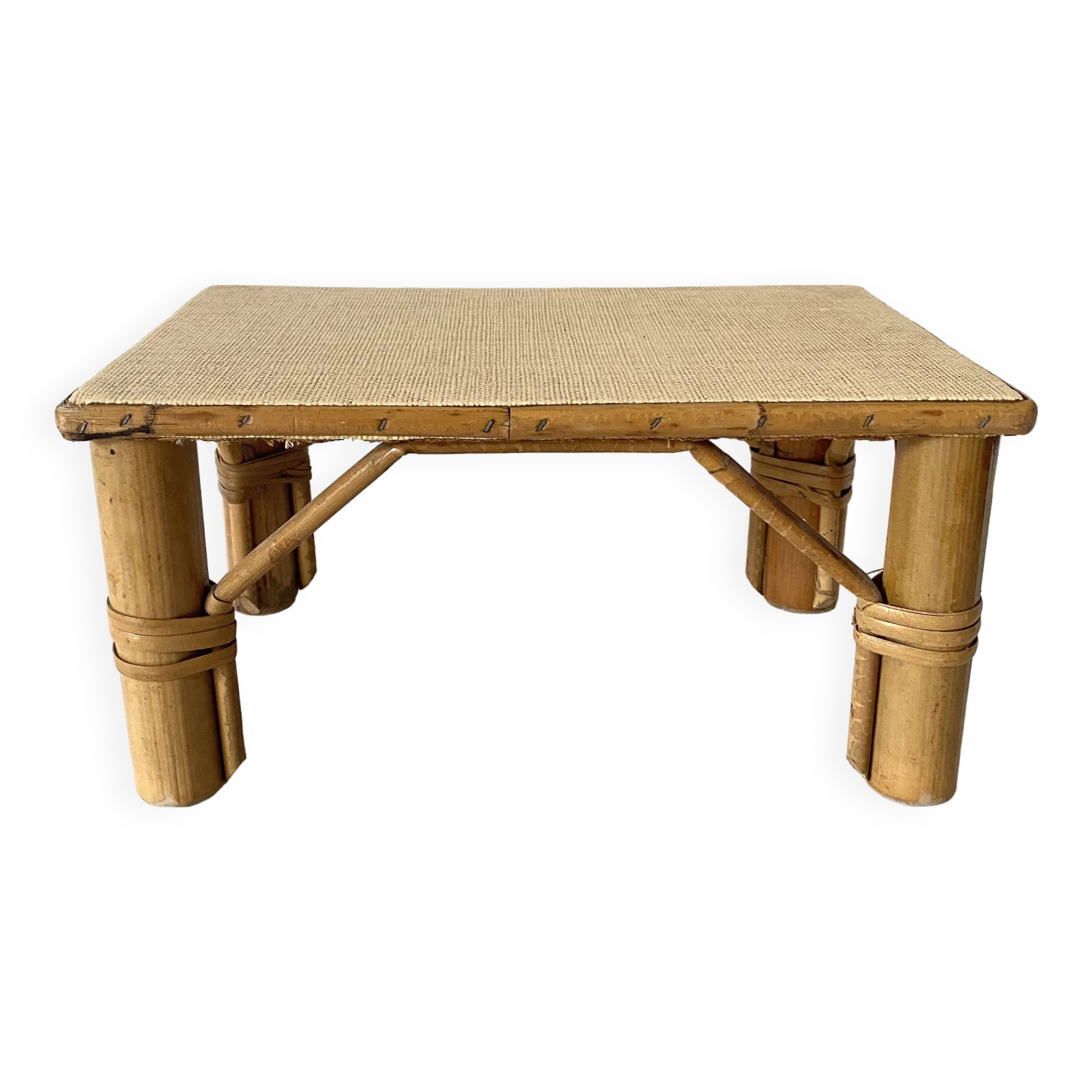 Vintage rattan low stool, 60s